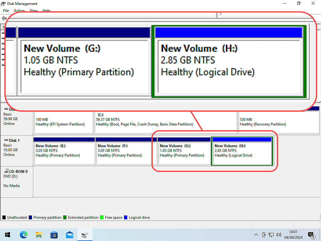 A primary and logical partition are highlighted