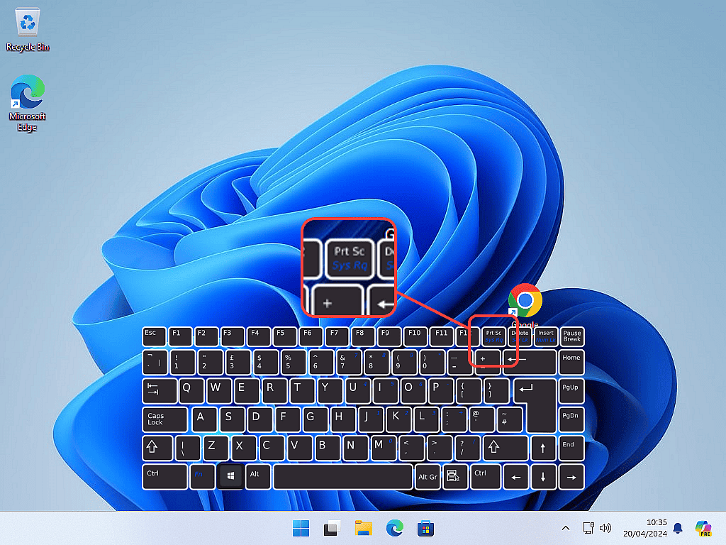 Print Screen key indicated on UK layout keyboard.