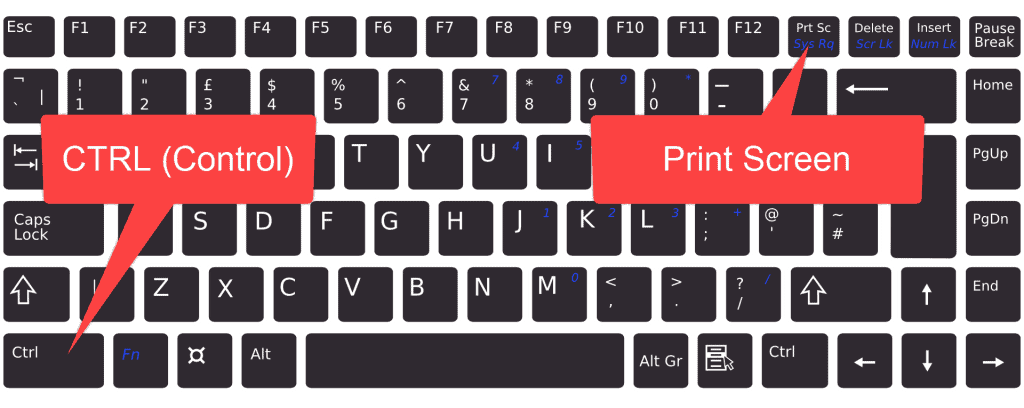 Standard UK layout keyboard. CTRL and Print Screen keys are indicated.