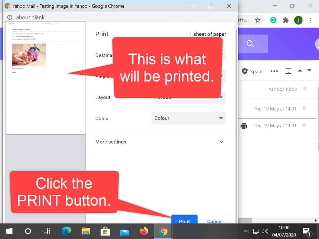 The print dialogue page in Yahoo Mail. Print preview and the print button are both indicated.