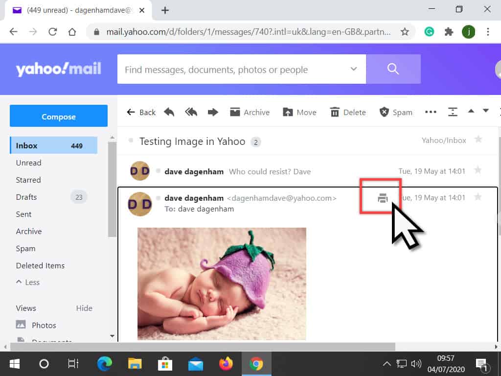 Printer icon (button) is indicated in Yahoo Mail.
