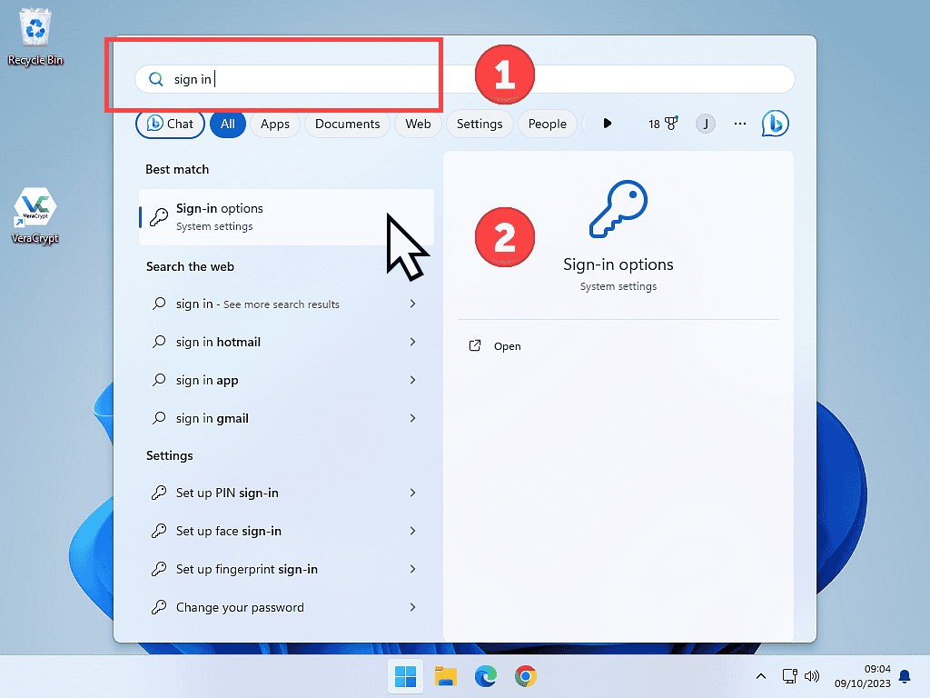 Searching Windows 11 for the sign in options to remove the Windows password.