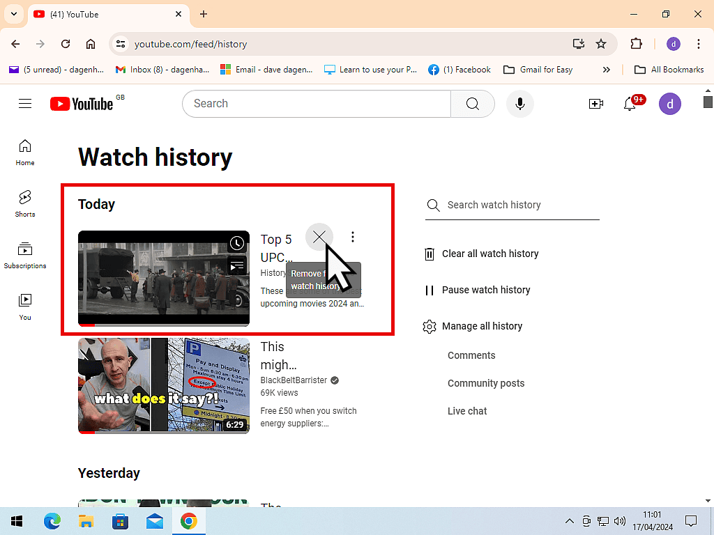 A video is being deleted from watch history.