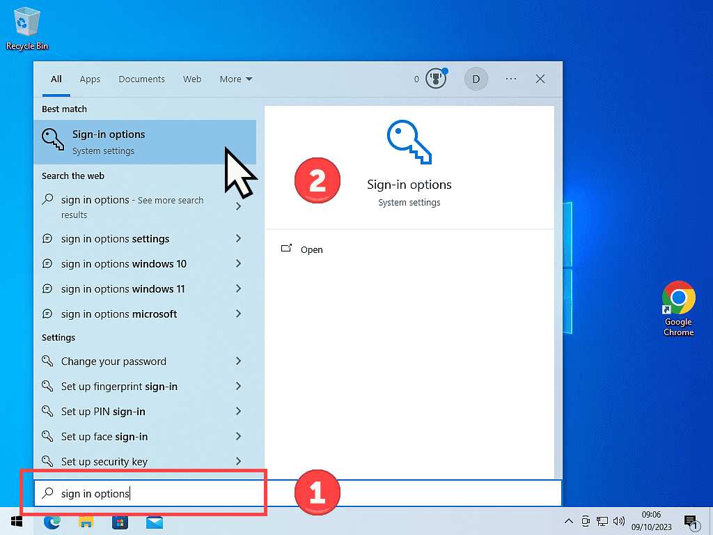 Searching Windows 10 for the sign in options to remove the Windows password.