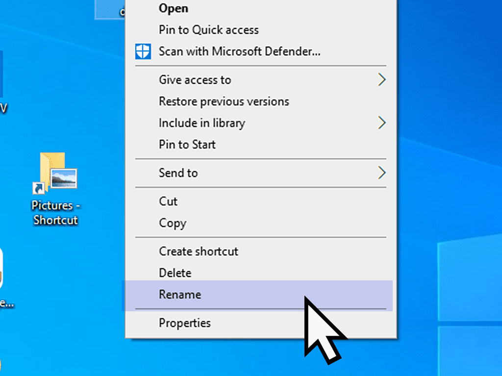Options menu open and Rename is highlighted in Windows 10
