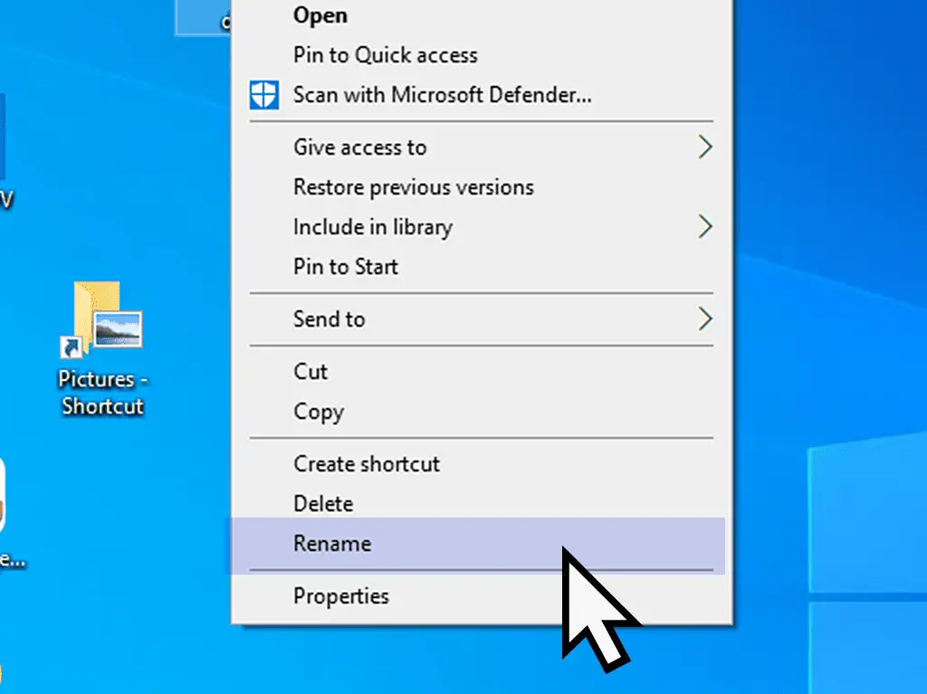 Options menu open and Rename is highlighted in Windows 10