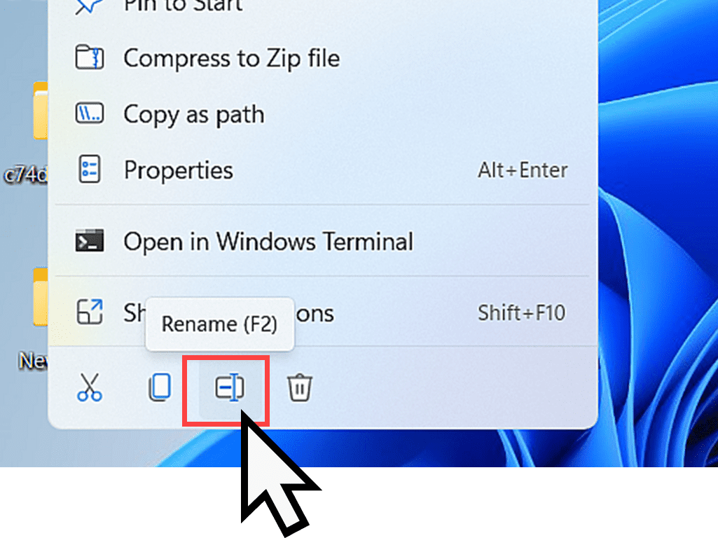 Windows 11 Rename icon is highlighted.