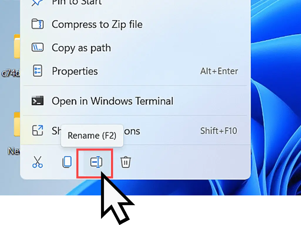 Windows 11 Rename icon is highlighted.