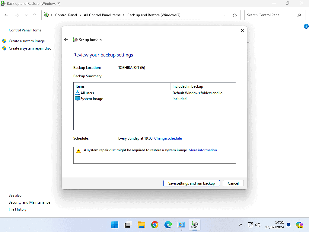 Backup and Restore confirmation window.