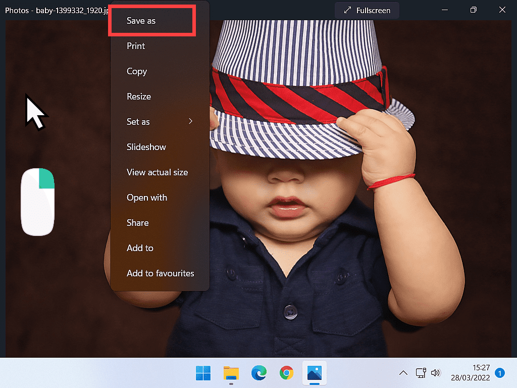 Windows 11 photos app right click options menu is open. Save As is indicated.