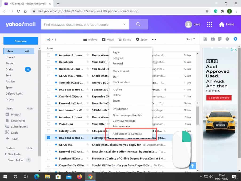 Add sender to contacts is highlighted in Yahoo Mail.