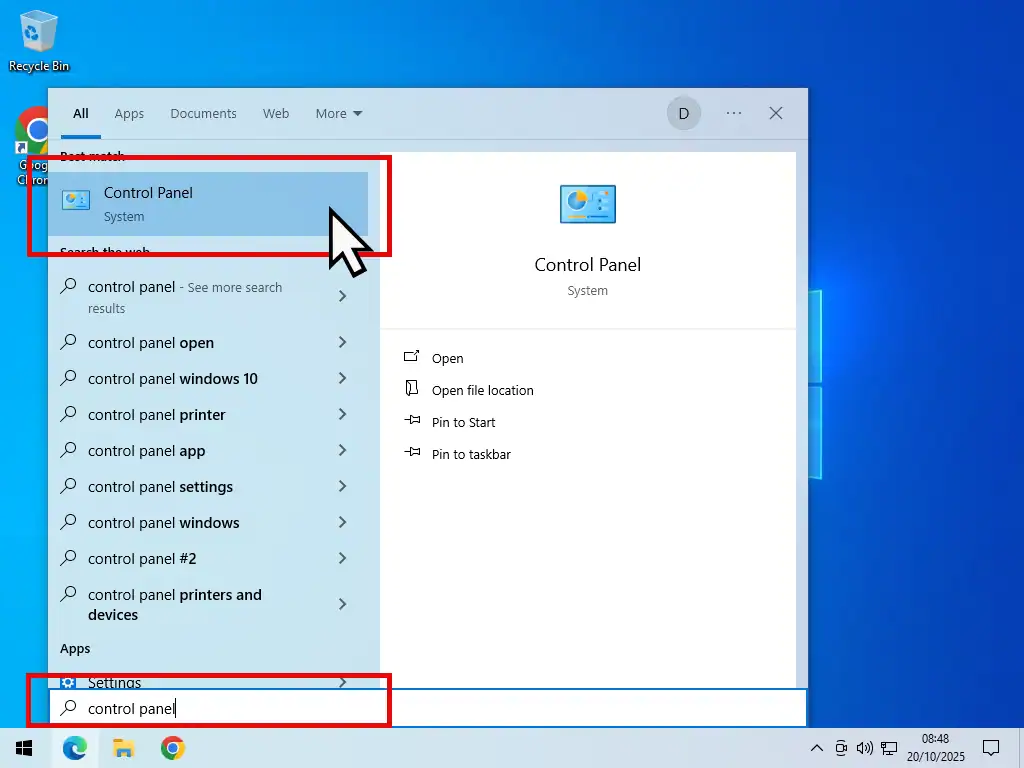 Searching for Control Panel-Windows 10 Search for Control Panel from the Start menu in Windows 10.