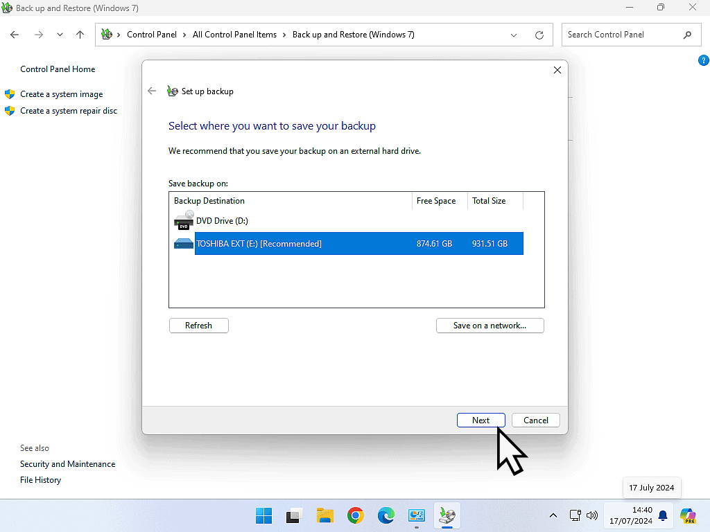 External USB hard drive is selected.