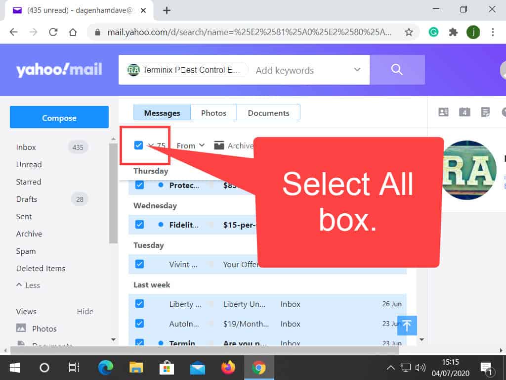 Select all box indicated in Yahoo Mail.