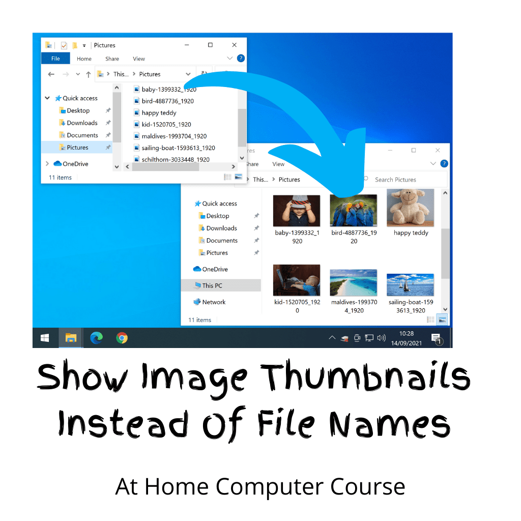 Two computer windows open. One shows images as filenames, the other shows images as thumbnails. Text reads 