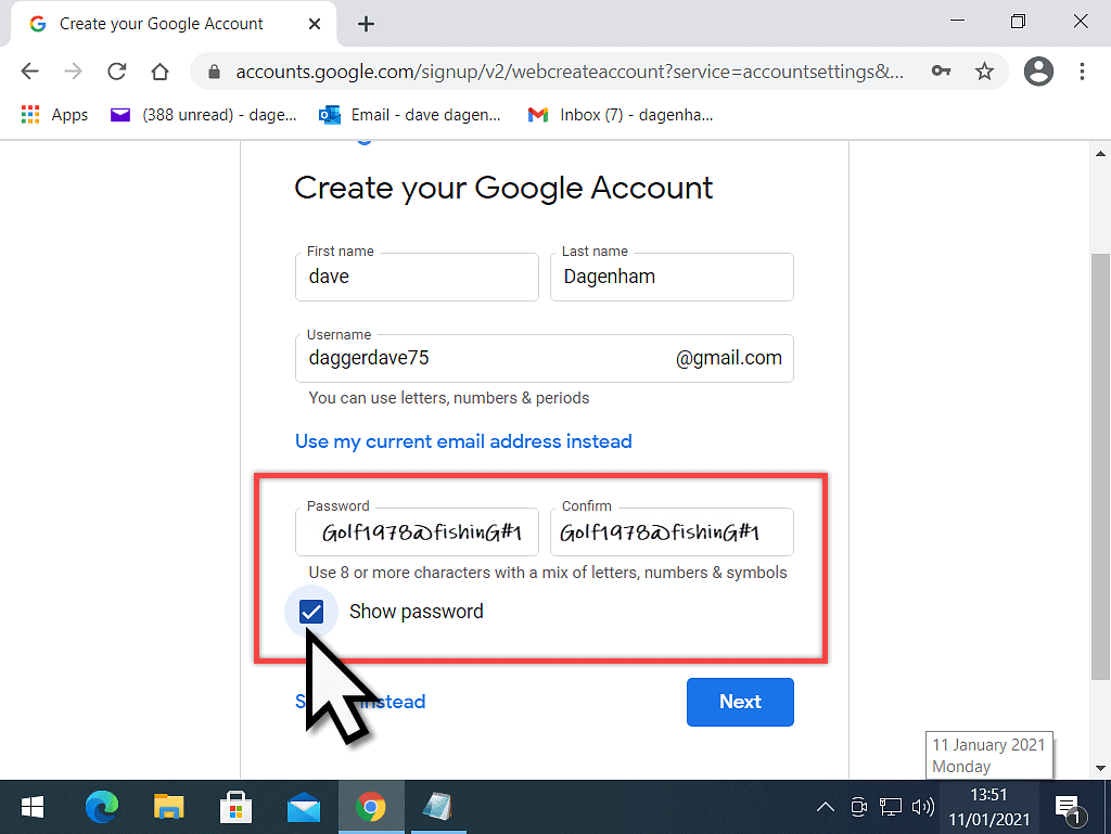 Show password option is marked and password is displayed.