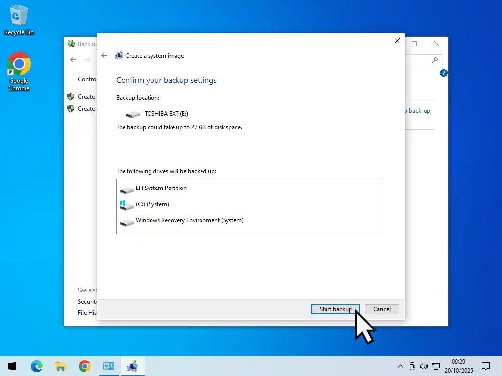 Start backup System image confirmation screen. Start Backup button indicated.