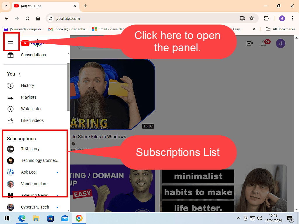 YouTube subscriptions list highlighted in navigation panel. Also marked is the open/close button (3 horizontal lines).