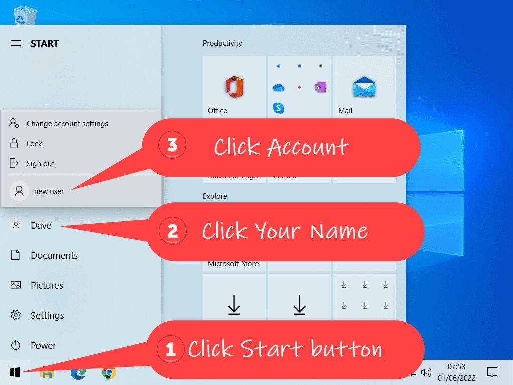 Steps indicated to switch between accounts in Windows 10.