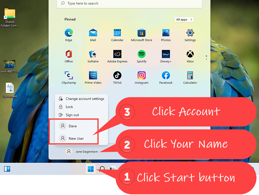 Steps indicated to switch between accounts in Windows 11.