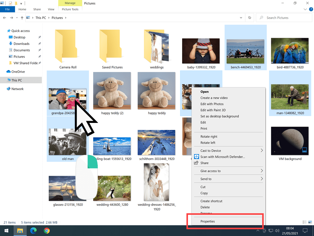 Multiple images selected and Properties option marked on context menu.
