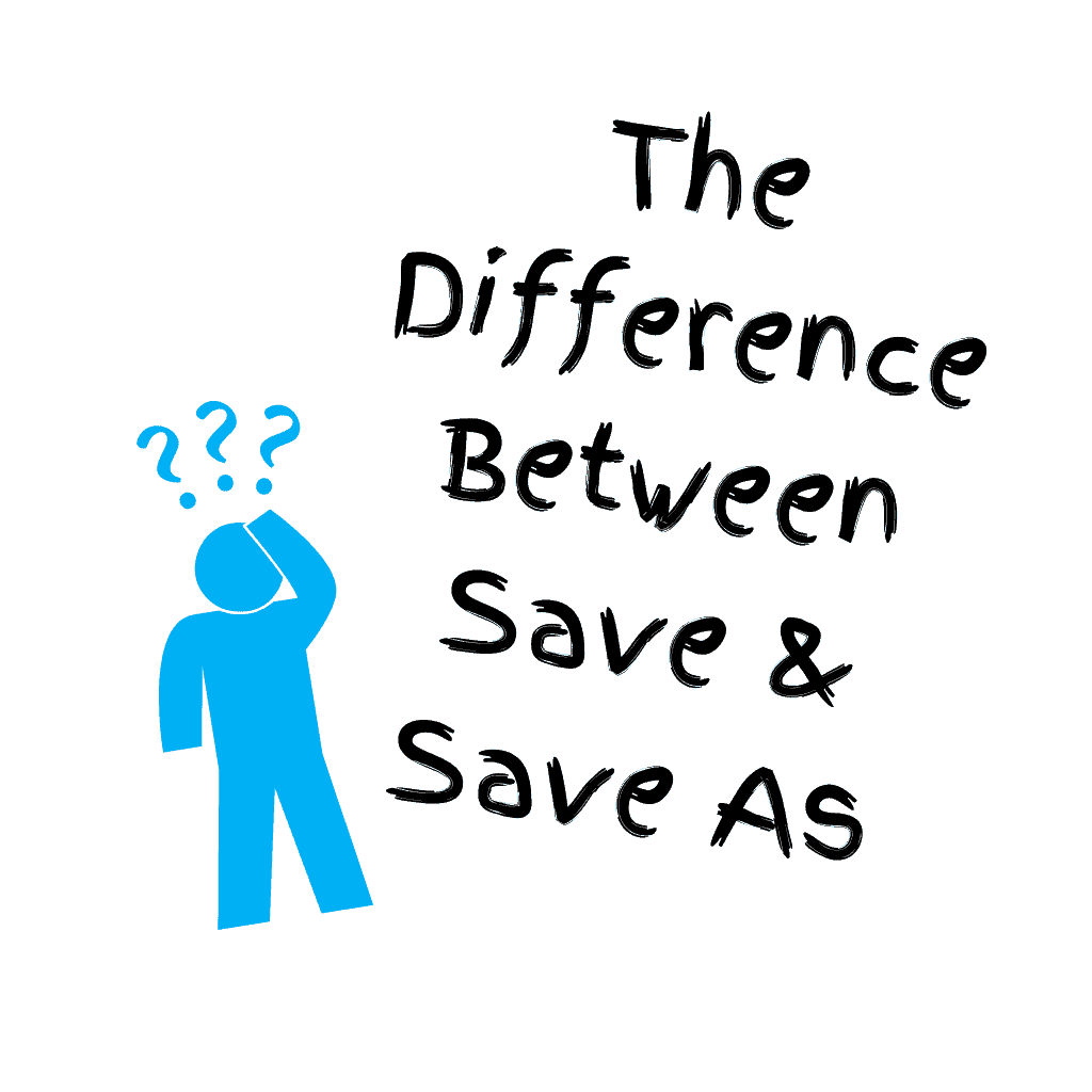 Clipart man thinking. Question marks above his head. Text reads "The difference between Save & Save As".