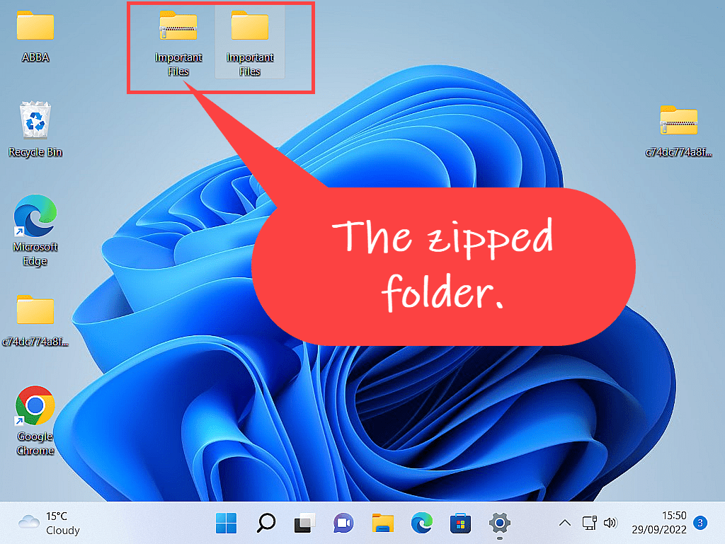 Windows 11 desktop. Two folders are highlighted. One is zipped and the other isn't.
