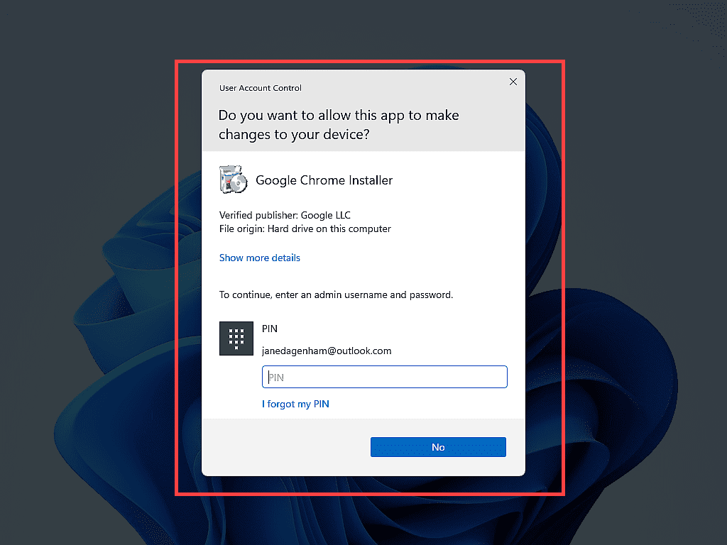 UAC popup requiring Administrator PIN to continue.