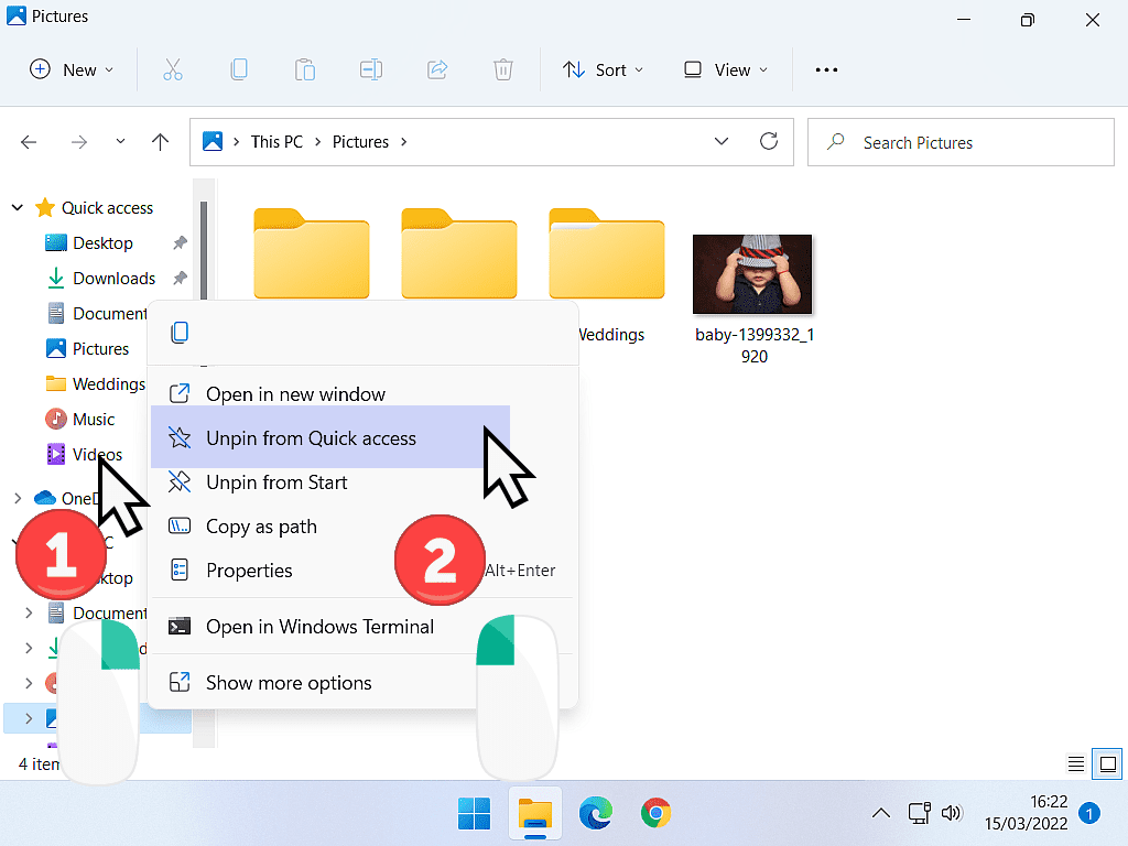 options menu open. Unpin from Quick access is highlighted