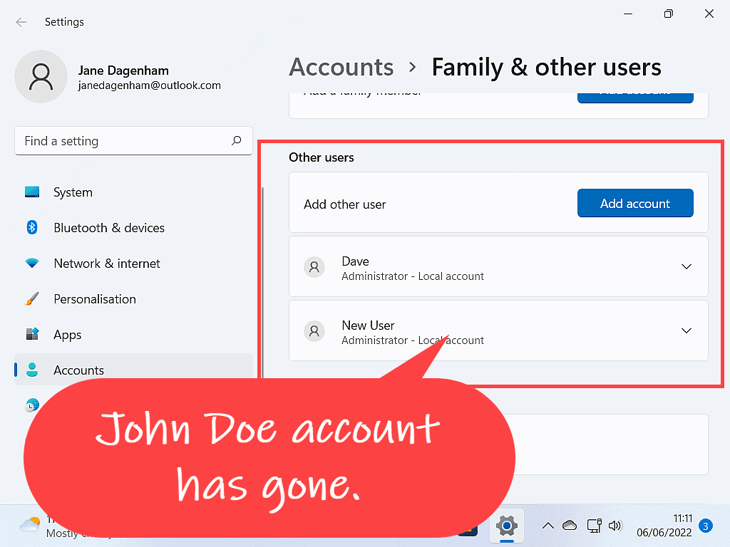 Windows user account has been removed from the Accounts page in Windows 11.
