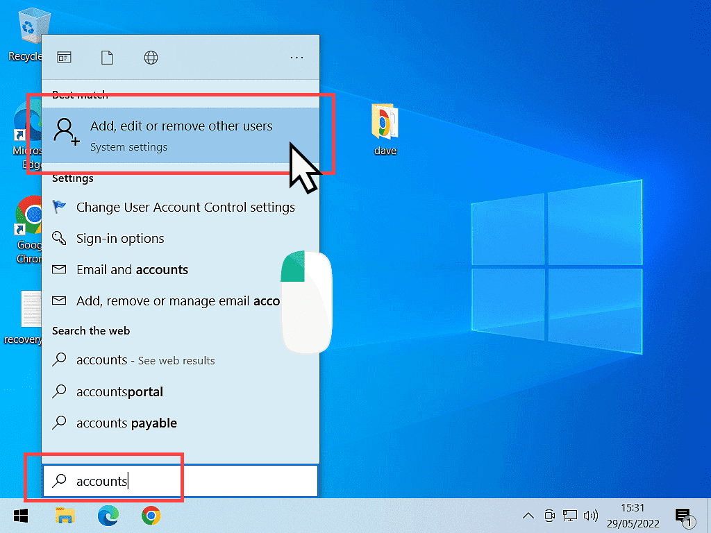 Windows 10 start menu open. Accounts has been typed into search box. ADD, EDIT OR REMOVE OTHER USERS (system settings) is highlighted in search results