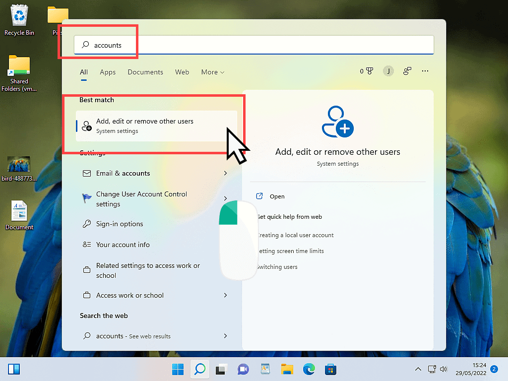 Windows 11 start menu open. Accounts has been typed into search box. ADD, EDIT OR REMOVE OTHER USERS (system settings) is highlighted in search results