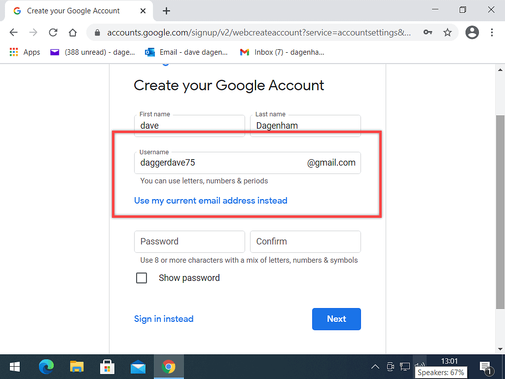 The username has been accepted by Google.