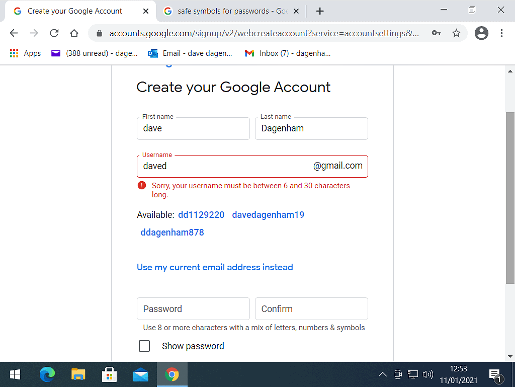 Username is taken message when creating a new Google account.