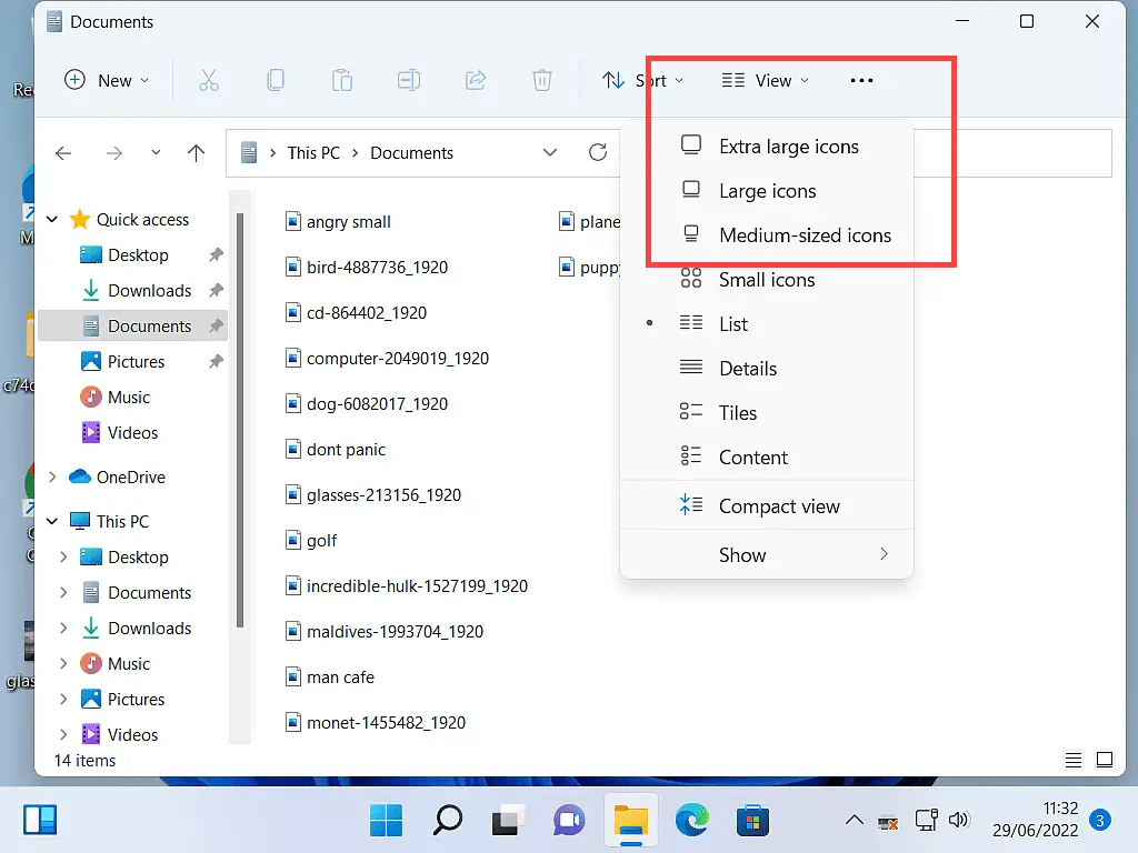 View option is marked in Windows 11 explorer window.