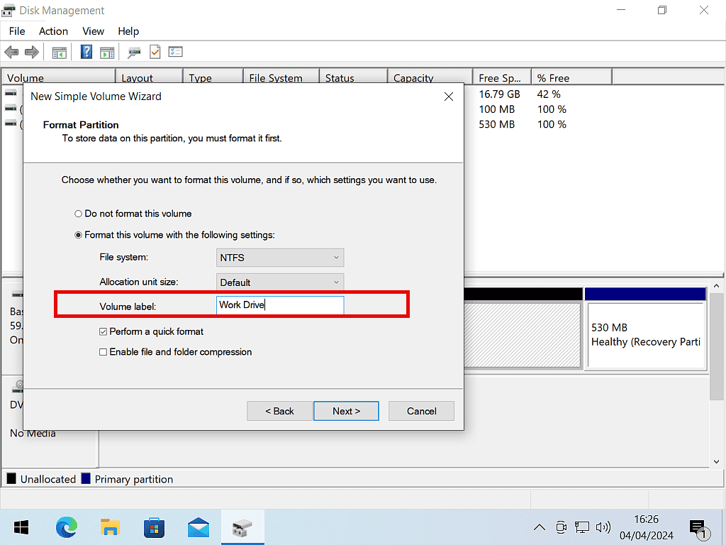 Volume Label has been changed to Work Drive.