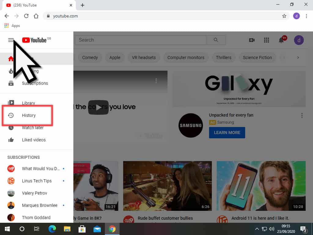 YouTube account options (3 horizontal lines) indicated.