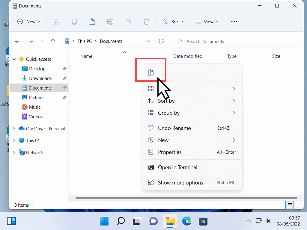 Paste symbol indicated on Windows 11 options menu.