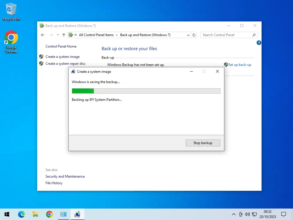 Windows is saving the backup System image backup progress indicator.