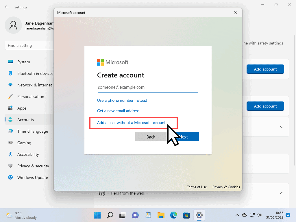 "Add user without a Microsoft account" is marked.