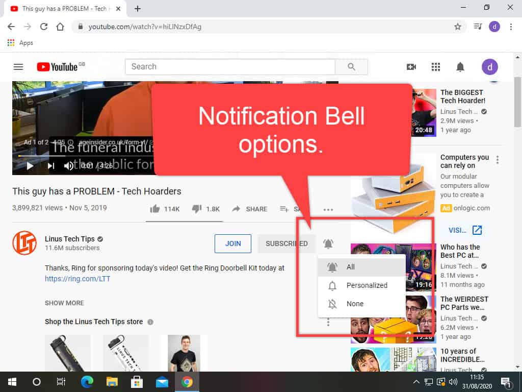 Notification bell options menu open. All, Personalised and None are indicated. 