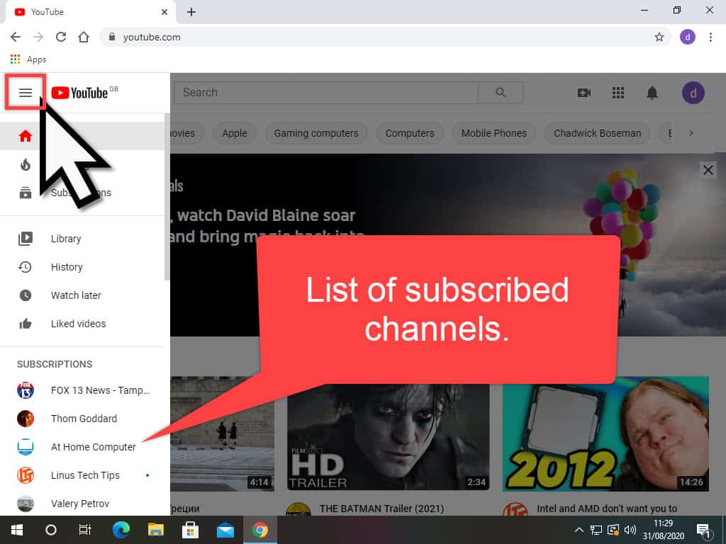 YouTube subscribed channels list is marked with a callout.