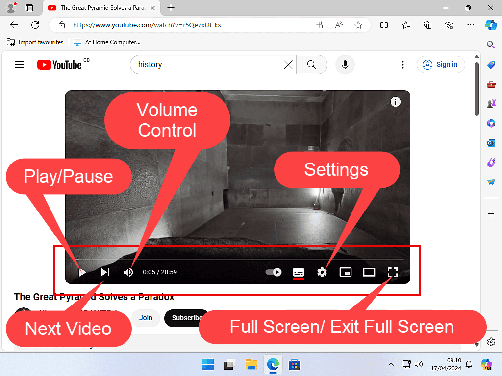 YouTube video player with video controls marked by callouts.
