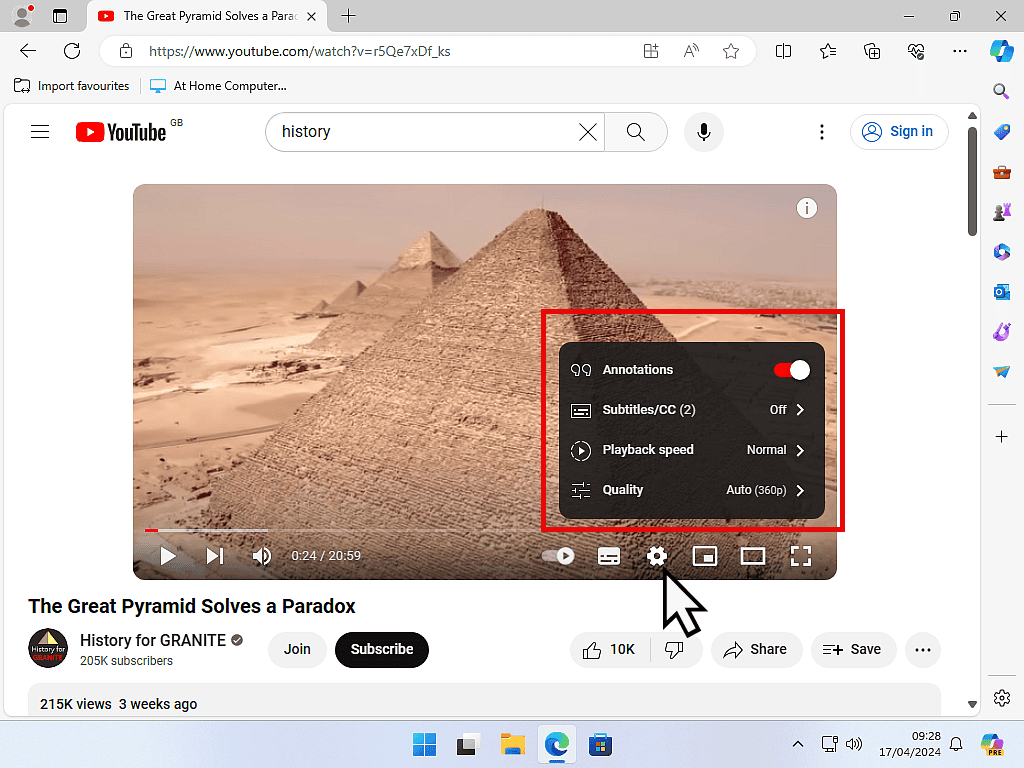 YouTube video settings button (gear whell) has been clicked and settings menu is shown.