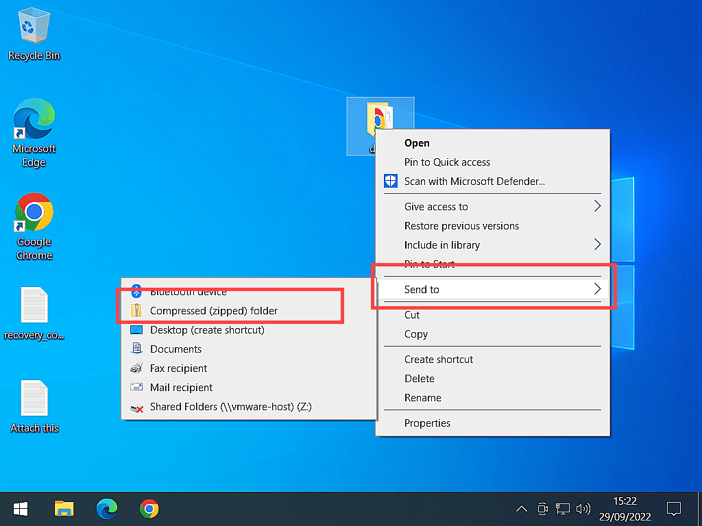 Context menu open in Windows 10. Send To and Compressed folder are both indicated.