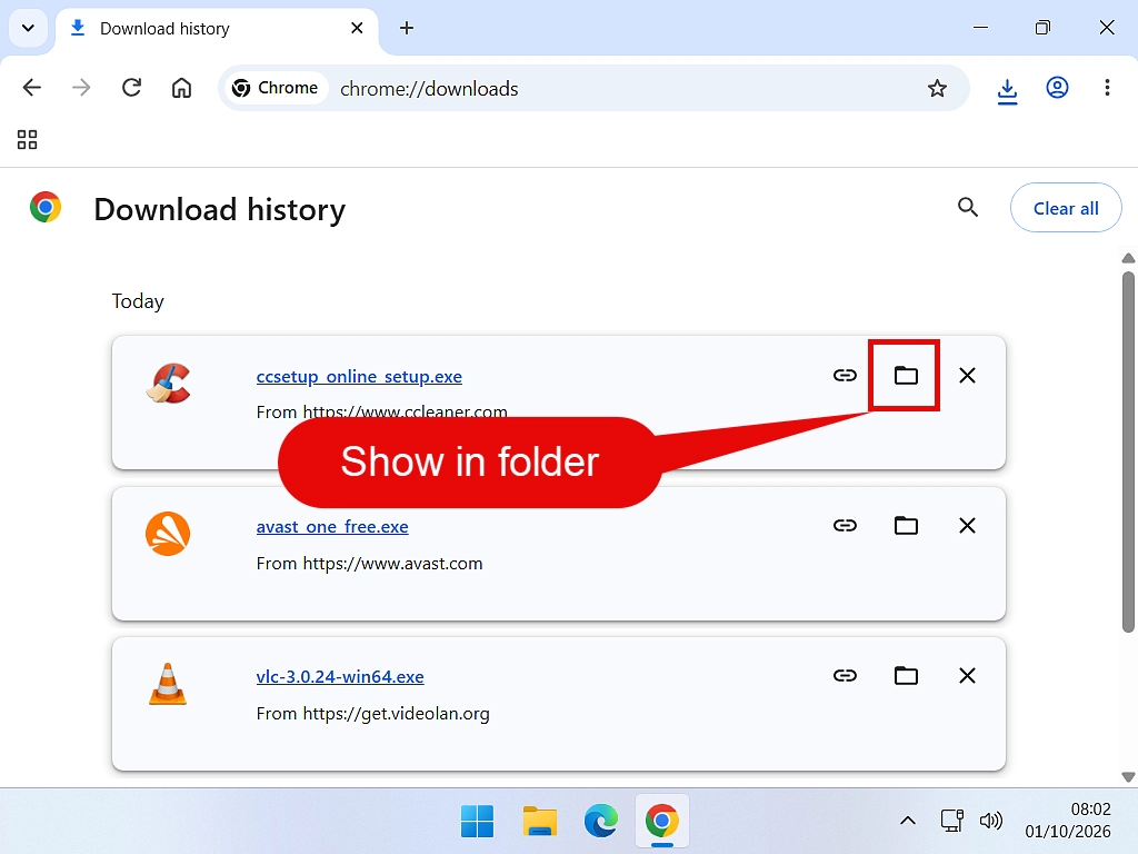 Chrome download history opened with Ctrl and J, with Show in folder highlighted.