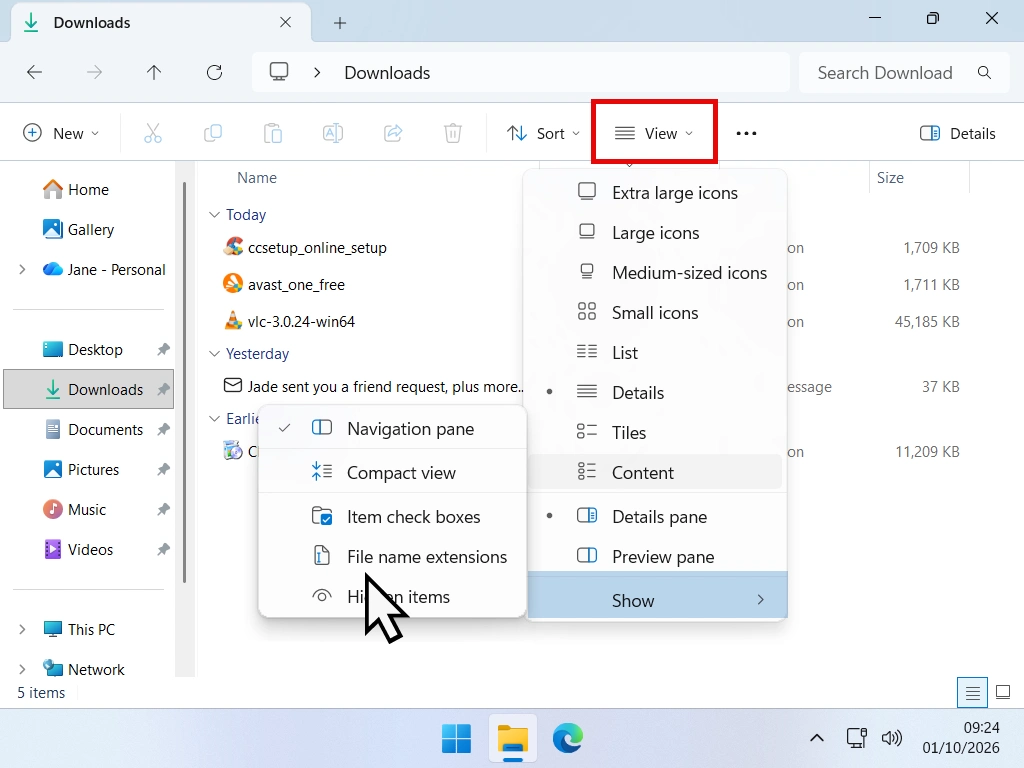 File Explorer View menu in Windows 11 with Show and File name extensions highlighted.