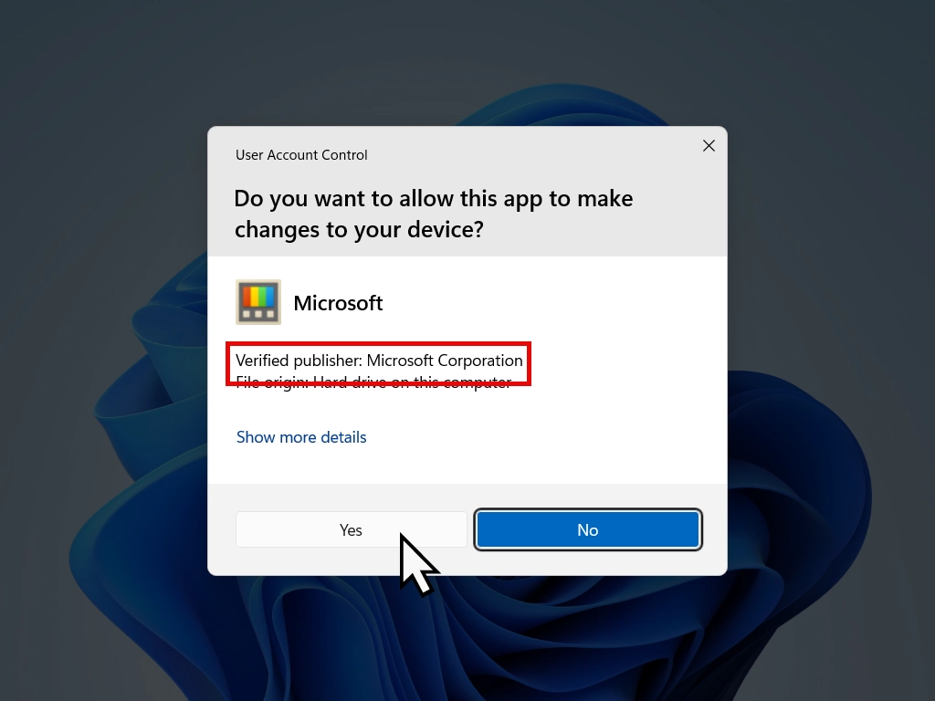 Windows asking to allow an app to make changes, with the Verified publisher line highlighted.