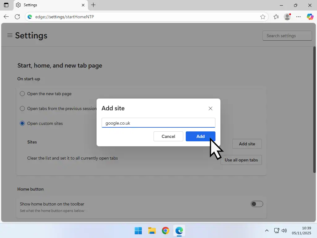Add site URL Google entered as Start page site and Add button indicated.