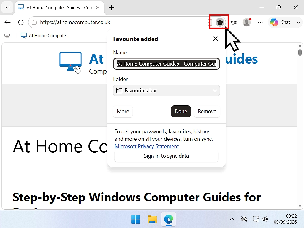 The Add to Favourites star in the Edge address bar, with the Favourite Added window open.